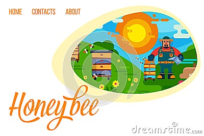 Beekeeping and honey web template with honey hives, sun, beekeeper and bees, vector illustration. Layout landing page Vector Illustration
