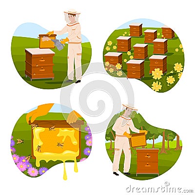 Beekeeping Round Compositions Collection Vector Illustration