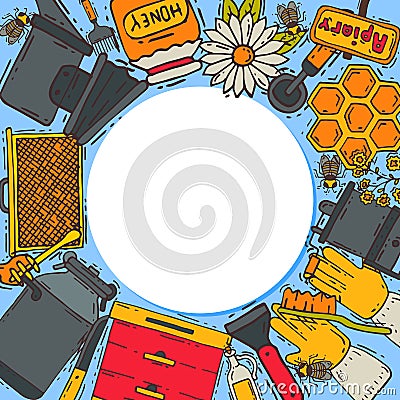 Beekeeping round pattern, apiary vector illustration. Beekeeping workshop, beekeeping tools and equipment. Honeycomb Vector Illustration