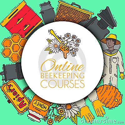 Beekeeping round pattern, apiary vector illustration. Online beekeeping courses. Beekeeping workshop. beekeeping tools Vector Illustration