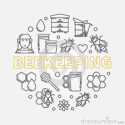 Beekeeping round vector illustration in thin line style Vector Illustration