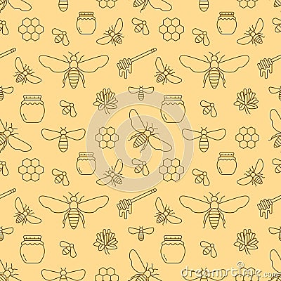 Beekeeping seamless pattern, apiculture vector illustration. Apiary thin line icons bee, beehive, honeycomb, barrel Vector Illustration