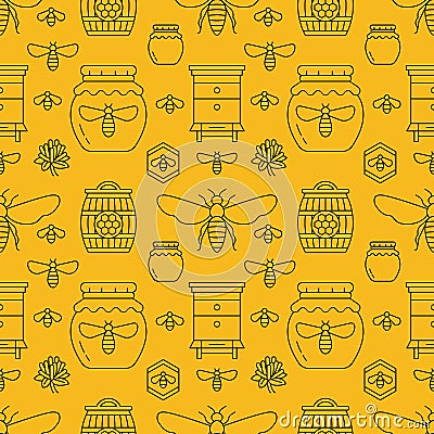 Beekeeping seamless pattern yellow color, apiculture vector illustration. Apiary thin line icons bee, beehive, honeycomb Vector Illustration