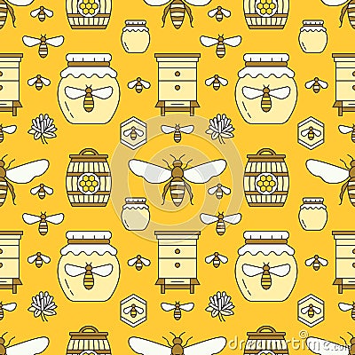 Beekeeping seamless pattern yellow color, apiculture vector illustration. Apiary thin line icons - bee, beehives, barrel Vector Illustration