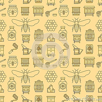 Beekeeping seamless pattern yellow color, apiculture vector illustration. Apiary thin line icons - bee, beehives Vector Illustration