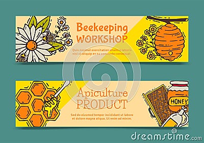 Beekeeping set of banners, apiary vector illustration. Beekeeping workshop and apiculture product. Honeycomb, honey from Vector Illustration