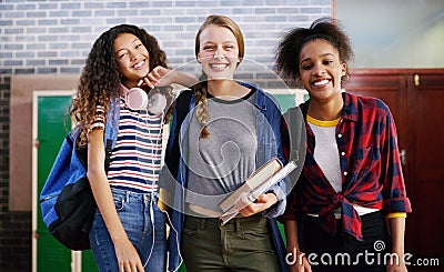 Been friends since we could remember. Portrait of a group of young school kids standing together smiling brightly while Stock Photo