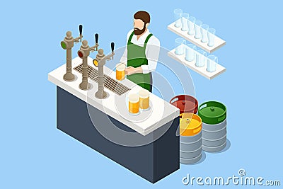 Beer bar counter. Interior of pub or bar. Beer bar, the bartender pours beer. Bartender pouring a dark stout beer in tap Vector Illustration