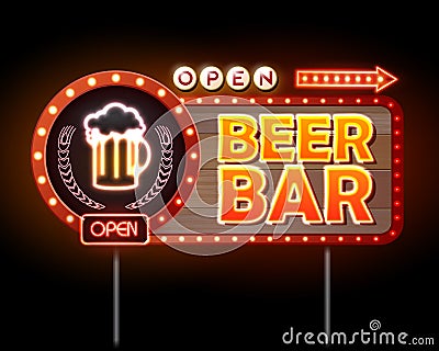 Beer bar Neon sign Vector Illustration