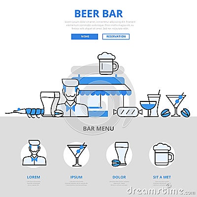 Beer bar pub drink snack concept flat line art vector icons Vector Illustration
