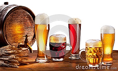 Beer barrel with beer glasses. Stock Photo