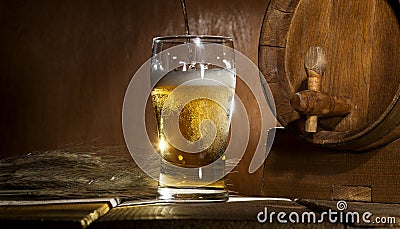 Beer barrel with beer mug on wooden background Stock Photo