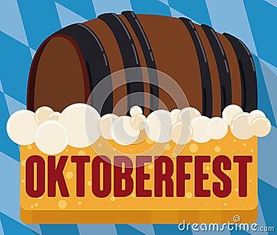 Beer Barrel Floating in Froth in Flat Button for Oktoberfest, Vector Illustration Vector Illustration