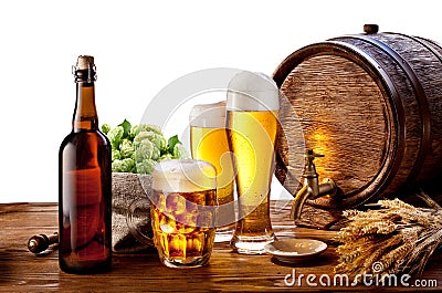 Beer barrel with glasses Stock Photo