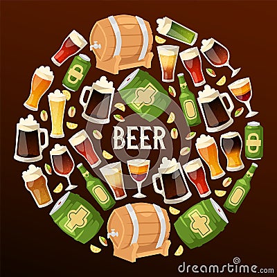 Beer in beerhouse brewery vector beerbarrel beermug dark ale illustration backdrop of beerbottle in bar on beery alcohol Vector Illustration