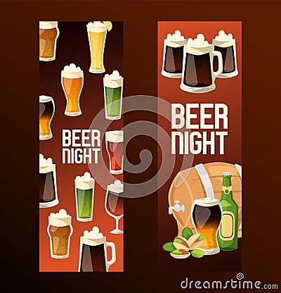 Beer in beerhouse brewery vector beermug beerbottle and dark ale illustration backdrop set of beerbarrel in bar on beery Vector Illustration