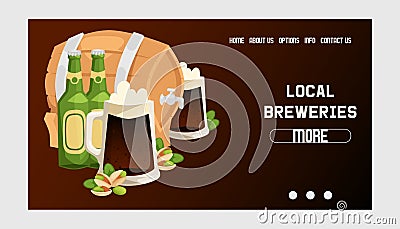 Beer in beerhouse brewery vector web page beermug beerbottle and dark ale illustration backdrop of beerbarrel in bar on Vector Illustration
