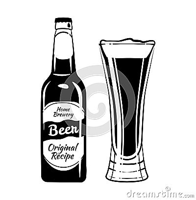 Beer Bottle And Glass. Alcohol Drink Vintage vector Elements. Vector Illustration