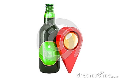 Beer bottle with map pointer, 3D rendering Stock Photo