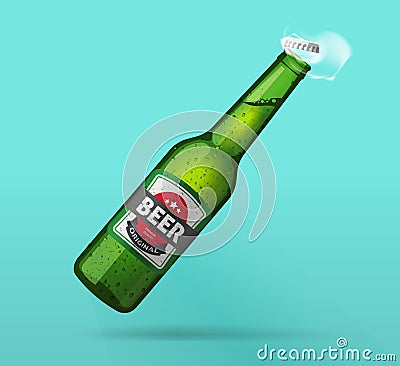 Beer bottle open, green glass bottle opened, cold beer bottle with steam effect, fresh realistic vector Vector Illustration