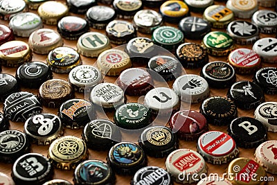 Beer Bottle Pry Caps International Variety Background Editorial Stock Photo