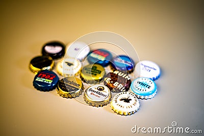 Beer Bottle Pry Caps International Variety Background Editorial Stock Photo