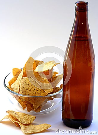 Beer Bottle with Unhealthy Eating Stock Photo