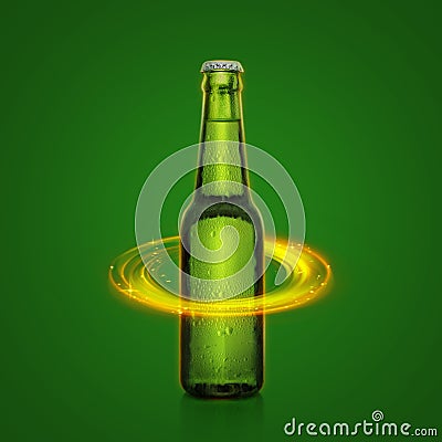 Beer bottle with water drops. of light abstract design background Stock Photo