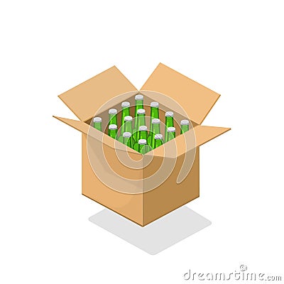 Beer bottles cardboard box vector illustration, 3d isometric cartoon beers beverage pack isolated clipart Vector Illustration