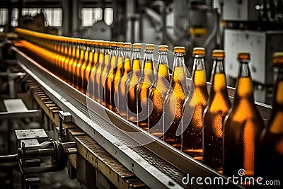 Beer bottles on the conveyor belt. Beverage manufacturing brevery. Neural network generated art Stock Photo