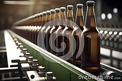 Beer bottles on the conveyor belt. Beverage manufacturing brevery. Neural network generated art Stock Photo