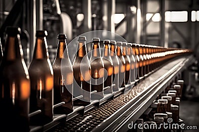 Beer bottles on the conveyor belt. Beverage manufacturing brevery. Neural network generated art Stock Photo