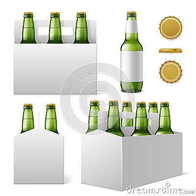 Beer bottles six pack. Realistic 3d green bottle with blank labels, special cardboard box with carrying handle Vector Illustration