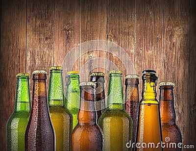 Beer bottles on wooden Stock Photo