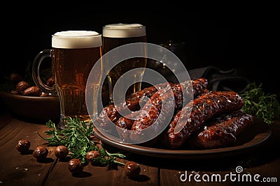 Beer and Brats Bliss: Experience the blissful combination of Bavarian sausages and beer in a picturesque setting, a Stock Photo