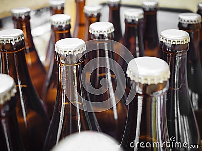 Beer Breweries packaging Bottles with cap close up Stock Photo