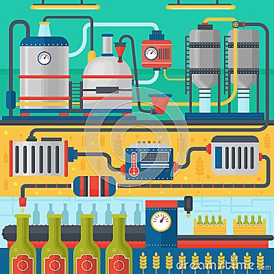 Beer Brewery production process. Factory beer background. Flat design vector illustration banners. Vector Illustration