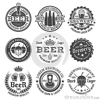 Beer and brewery vector black and white emblems Vector Illustration