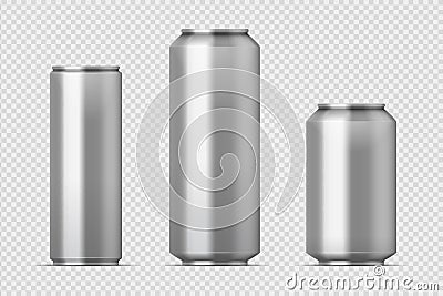 Beer can mockup. Realistic aluminum metal can for soda, different types of blank can with copy space. Vector isolated Vector Illustration