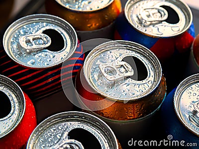 Beer cans. Aluminum cans. Lots of wet empty cans with condensation drops. Recycling and reuse. Selective focus Stock Photo