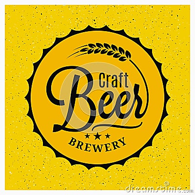 Beer cap brewery logo. Craft beer vintage lettering on yellow background Vector Illustration