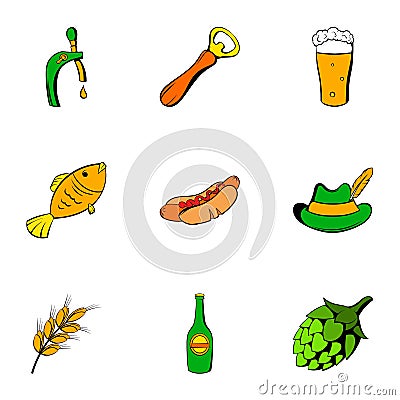 Beer celebration icons set, cartoon style Vector Illustration