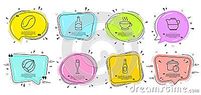 Beer, Champagne glass and Boiling pan icons set. Whiskey bottle, Hazelnut and Milk jug signs. Vector Vector Illustration