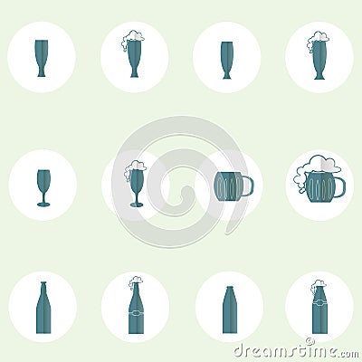 Beer and cider round icon, flat design. Blue icons glasses, cups, mugs, foam on white, light blue background Vector Illustration