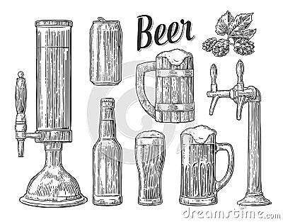 Beer class, can, bottle, barrel. Vintage engraving illustration Vector Illustration