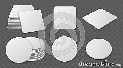 Beer coaster stacks. Realistic paper round and square shapes for glasses drinks, blank cardboard bierdeckel, different Vector Illustration