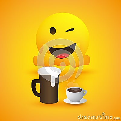 Beer and Coffee - Smiling and Winking Emoticon Showing Thumbs Up - Simple Shiny Happy Emoticon with Beer Mug and Coffee Cup Vector Illustration