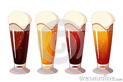 Beer collection .Golden dark beer in glasses with foam.Beer Day, Oktoberfest. Vector Illustration