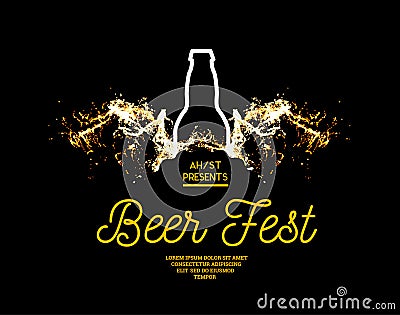 Beer fest. Splash of beer with bubbles on a black background. Vector illustration with a silhouette of a bottle Vector Illustration