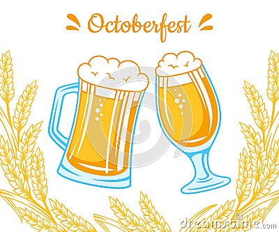 Beer festival advertisement poster Oktoberfest template vintage card glass cup wheat ear hop design Vector Illustration